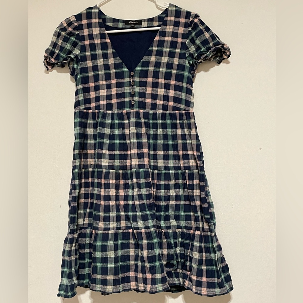 Madewell * Bengali indigo plaid button tiered babydoll dress * XXS * Great shape